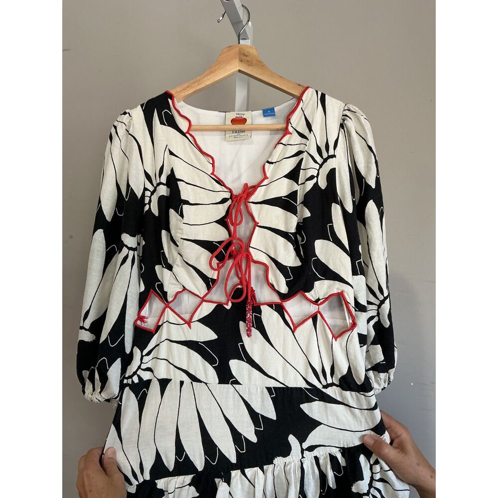 FARM Rio Cutout Tiered Maxi Dress Black White Bishop Sleeves Medium - Picture 5 of 9